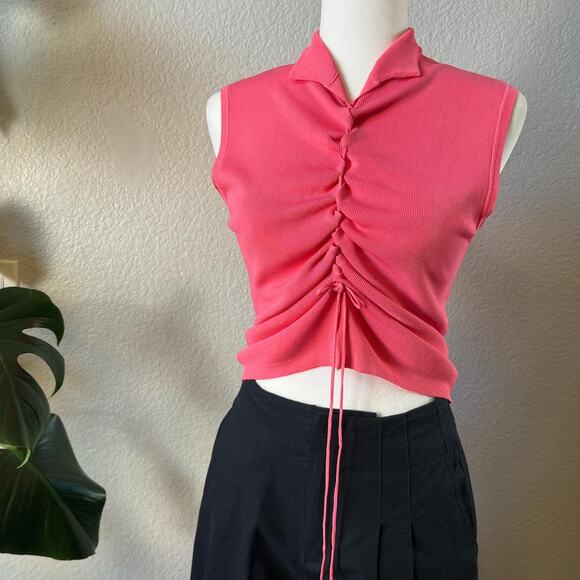Y2K Pink Ruched Drawstring Top Collared Crop - Picture 3 of 8